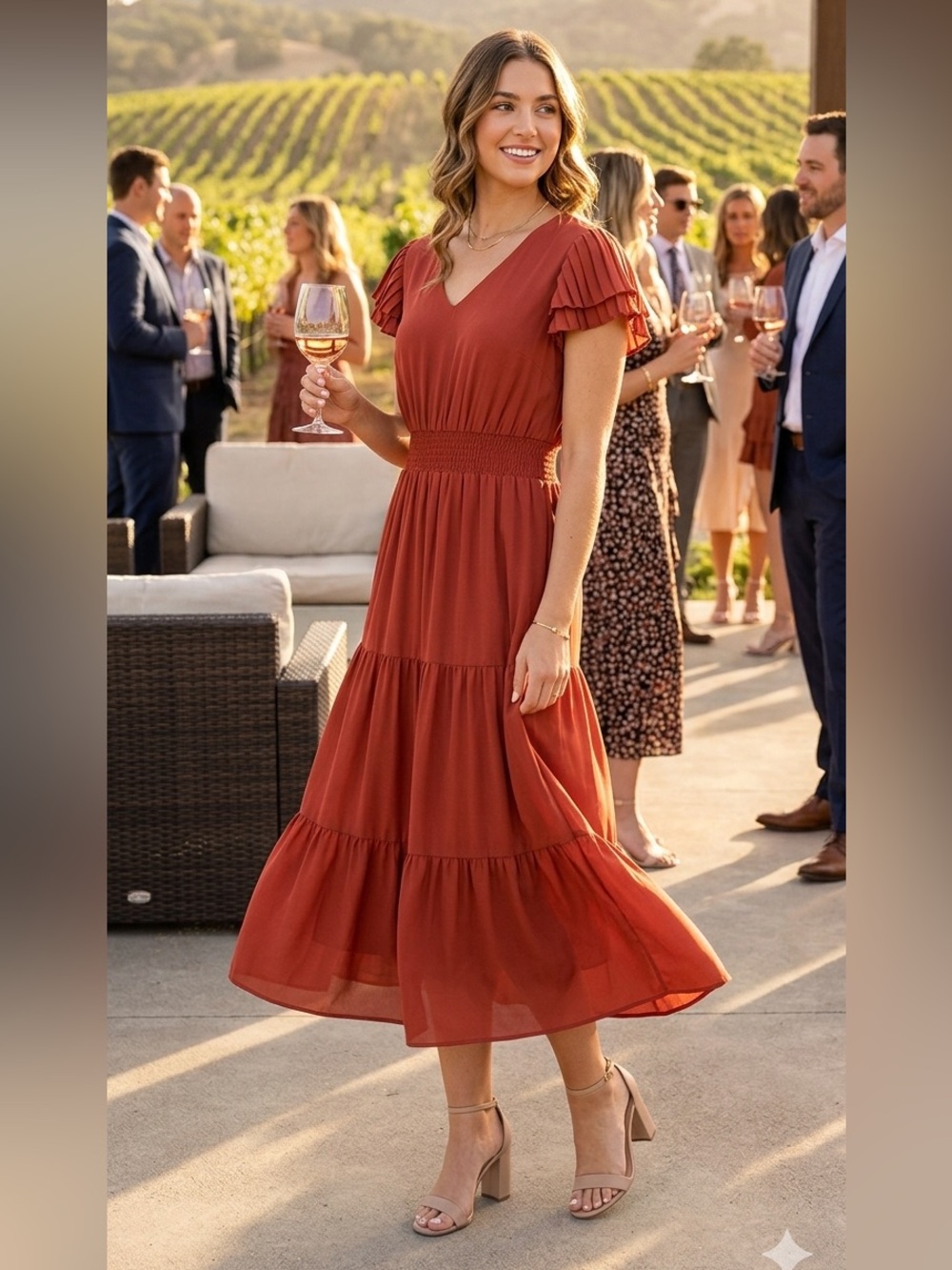 Nanette Lepore Rust Red Tiered Midi Dress
